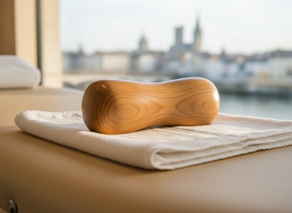 A close-up photographic view of a smooth wooden madérothérapie massage roller resting on a folded white cotton towel, its polished natural wood grain and rounded contours clearly visible. The roller is positioned on a light oak treatment table in a calm wellness room, with a subtle glimpse of the Seine riverside skyline of Rouen suggested through a softly blurred window in the background. Soft morning daylight filters in, creating gentle highlights on the wood and delicate shadows across the fabric. The atmosphere feels professional, clean, and reassuring. Shot at eye level with a shallow depth of field, the composition centers on the roller, conveying precision, body balance, and therapeutic expertise in a realistic, contemporary photographic style.