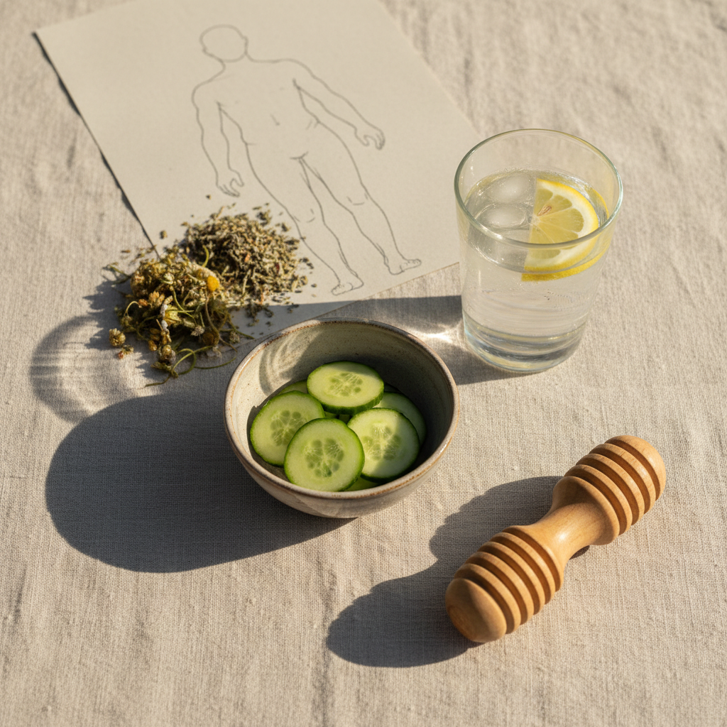 A photographic close-up of a naturopathic wellness flat lay symbolizing body equilibrium and retention of water management. On a pale linen cloth, a ceramic bowl of fresh sliced cucumber, a glass of clear water with lemon, a small pile of dried medicinal herbs, and a wooden madérothérapie roller are arranged in a balanced circular pattern. In the background, a subtle contour illustration of a human silhouette without facial features is lightly sketched on recycled paper, suggesting holistic care. The scene is lit by soft afternoon natural light from the side, casting gentle, elongated shadows and a warm, comforting glow. Captured from a bird’s-eye view, the composition feels harmonious, clean, and professional, perfectly aligned with themes of naturopathy, drainage, and whole-body balance.