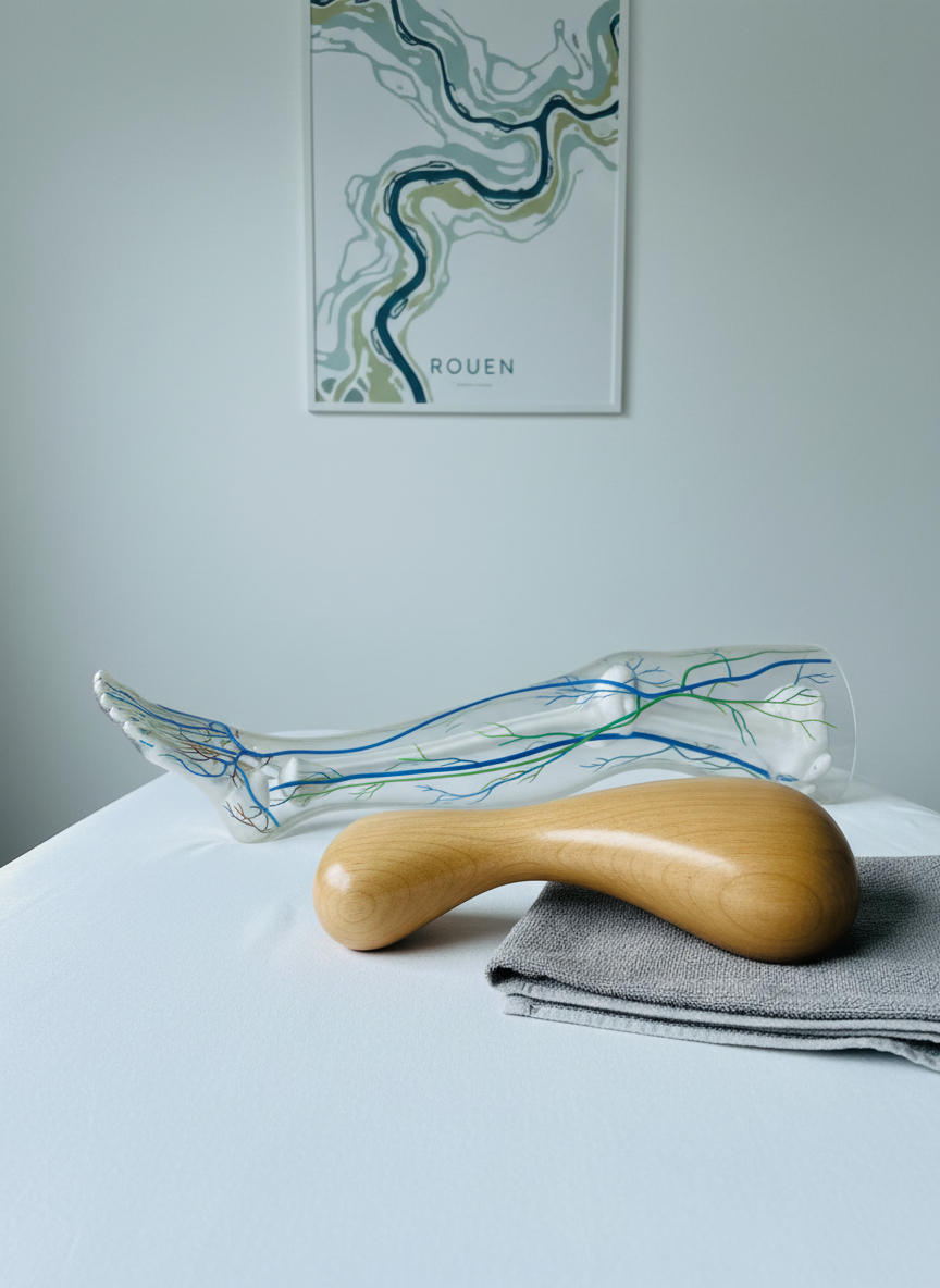 A soothing photographic scene illustrating support for circulation and lymphatic flow. A semi-transparent acrylic anatomical leg model, with delicately painted blue and green channels, lies diagonally across a white treatment table. Alongside it, a single curved wooden madérothérapie tool rests on a folded grey towel, its polished surface catching the light. Behind, a minimalist poster shows an abstract river-like pattern referencing the Seine, tying the concept of flow to Rouen. Cool, diffused daylight from above creates soft highlights and almost shadowless clarity, giving the image a clinical yet gentle character. Shot at a three-quarter angle with shallow depth of field, the focus remains on the tool and leg model, underscoring targeted, specialized care.