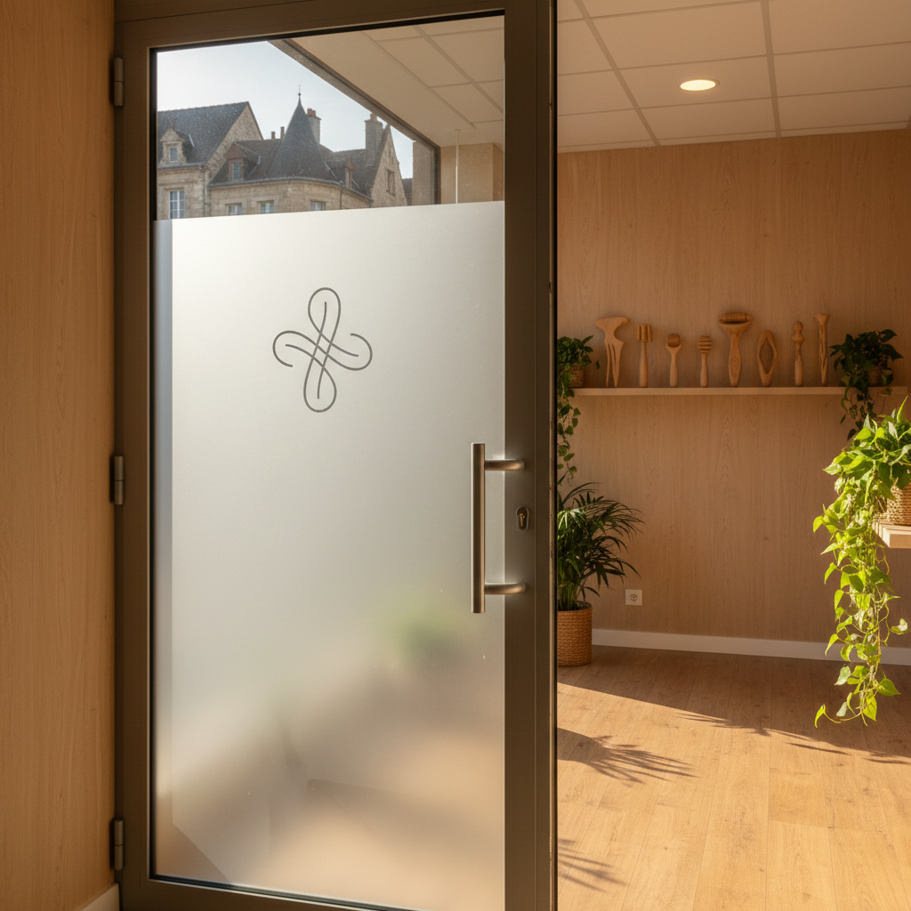 A realistic photograph of a modern wellness studio entrance in Rouen, designed for madérothérapie and naturopathy. A frosted glass door with a simple, elegant abstract logo hints at body harmony without readable text. Inside, glimpsed through the doorway, are natural wood finishes, a neatly arranged row of wooden madérothérapie tools on a floating shelf, and a few potted plants with lush green leaves. Outside the window, softly blurred stone buildings and slate roofs suggest Rouen’s historic center. Late afternoon light streams in, creating a warm, inviting glow on the wooden floor and subtle reflections on the glass. The image is shot from eye level with a slight angle, emphasizing professionalism, discretion, and a welcoming atmosphere for local clients.