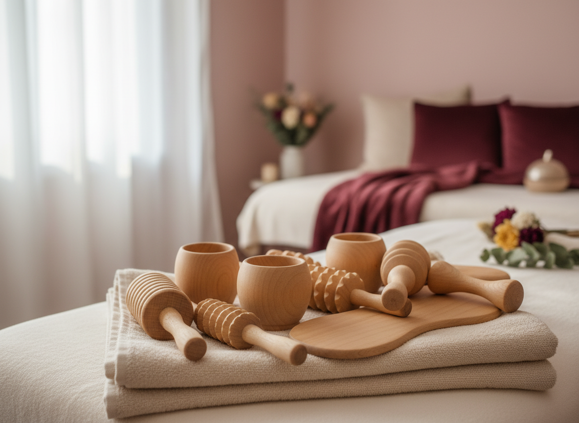 Outils en bois de madérothérapie disposés sur du linge doux, lumière naturelle apaisante